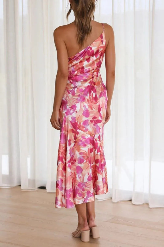Ruched Printed Single Shoulder Midi Dress - Velora