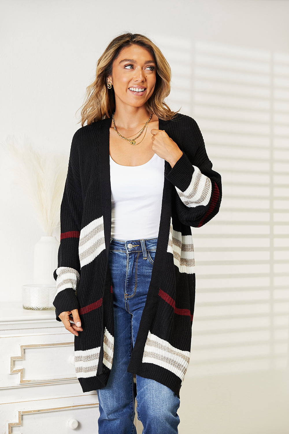 Perfee Striped Rib-Knit Drop Shoulder Open Front Cardigan - Velora