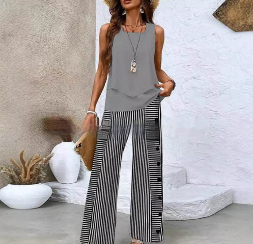 Print Suits Sleeveless Double-layer Vest And Loose Straight Pants Womens Clothing - Velora