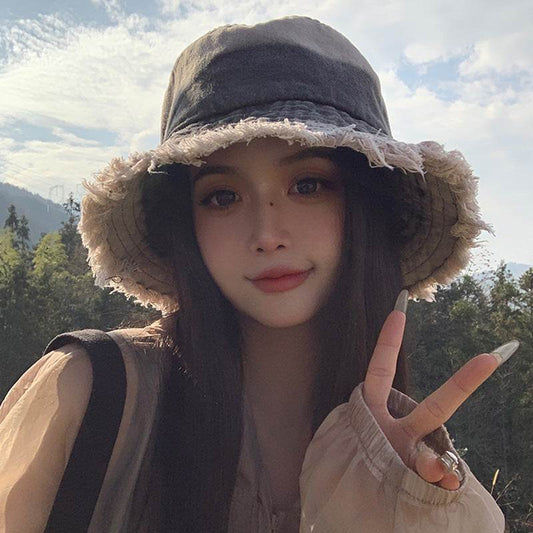 Summer Denim Bucket Hat for women Distressed Sun-proof Face-showing Small Hat - Velora