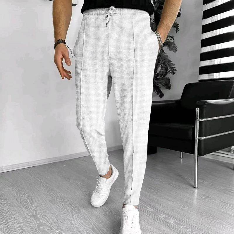 Men's Casual Fashion Waffle High Waist Drawstring Elastic fitted straight leg Pant - Velora