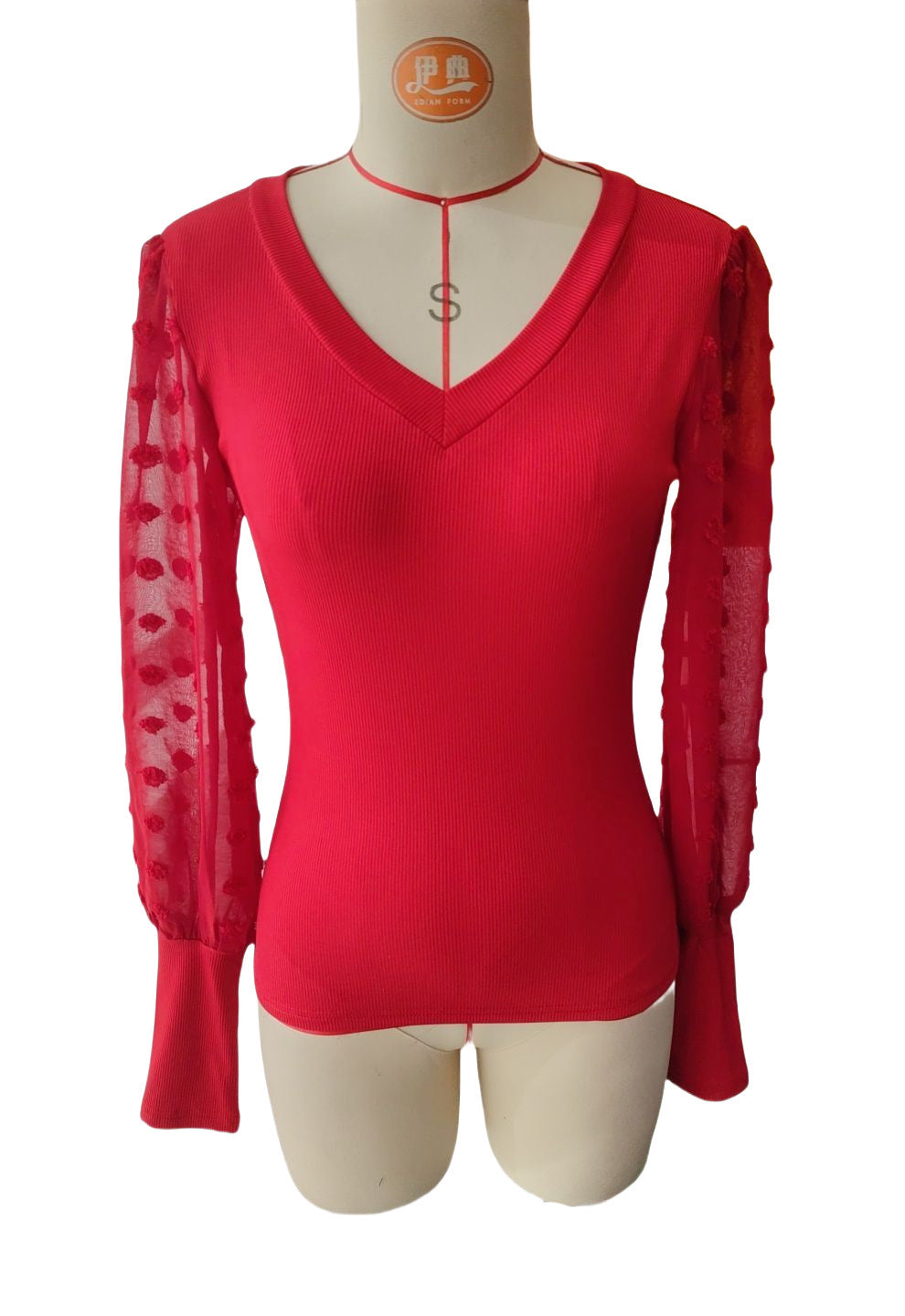 Elegant Rib V-neck Sleeve Chiffon Stitching Long Sleeve T-shirt Slimming Top