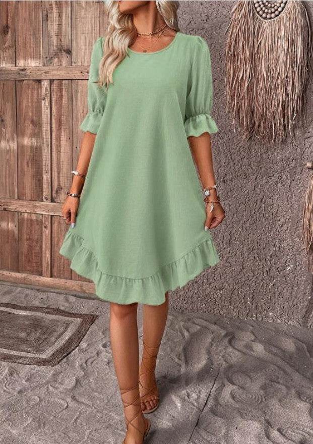 Fashion Ruffle Short-sleeved Dress Summer Solid Color Round Neck Loose Straight Dresses Womens Clothing - Velora
