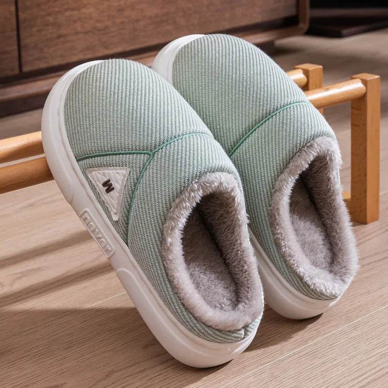 Solid Striped Home Slippers Winter Warm Fleece Shoes Men Indoor Bedroom Floor Plush Slippers For Women Couple - Velora