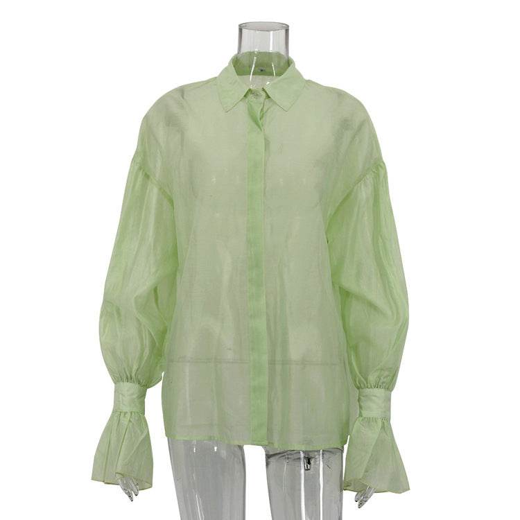 Loose Lapel Lantern Long Sleeves Blouse Shirt For Women - Velora