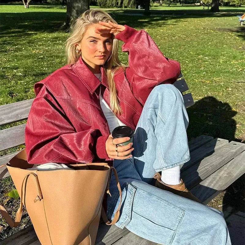 Oversized Fashion Zip-up Lapel Leather Jacket for women - Velora