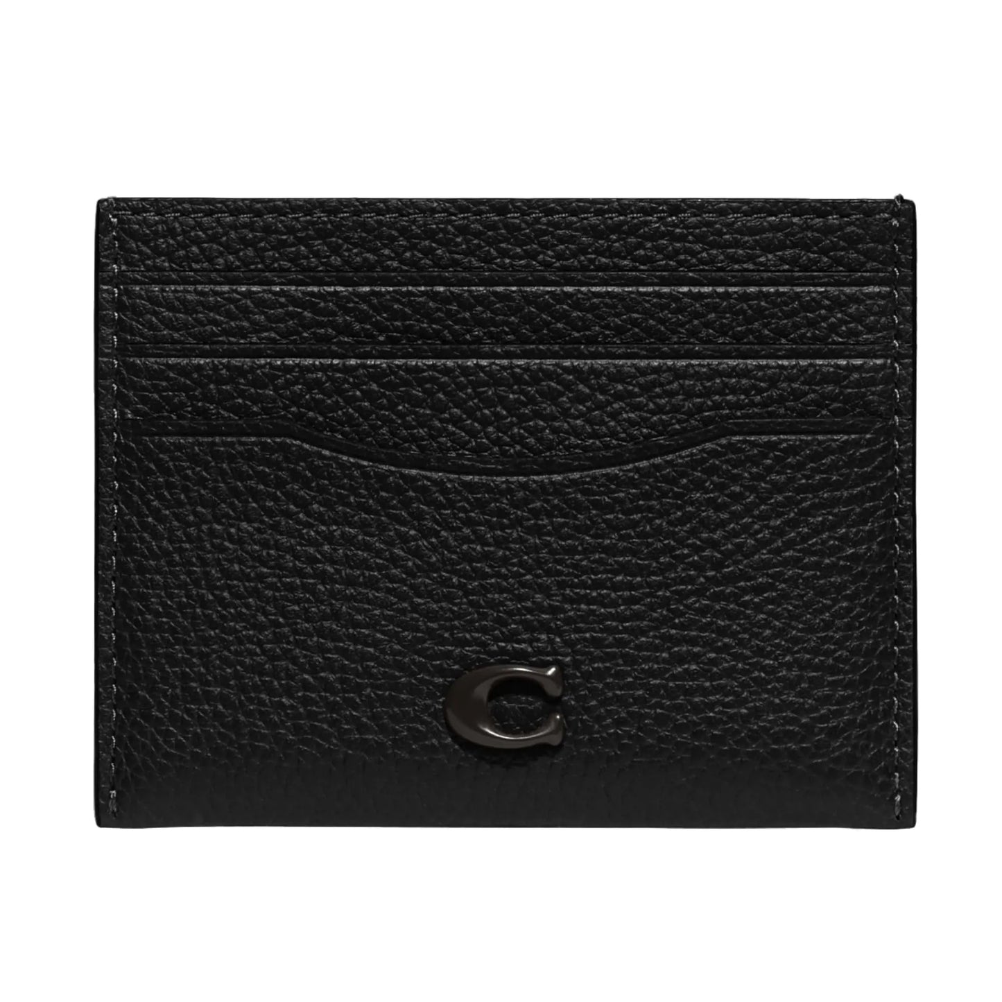 Coach Flat Card Case in Pebble Leather W/Sculpted C Hardware Branding Black One Size