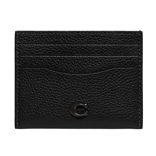 Coach Flat Card Case in Pebble Leather W/Sculpted C Hardware Branding Black One Size