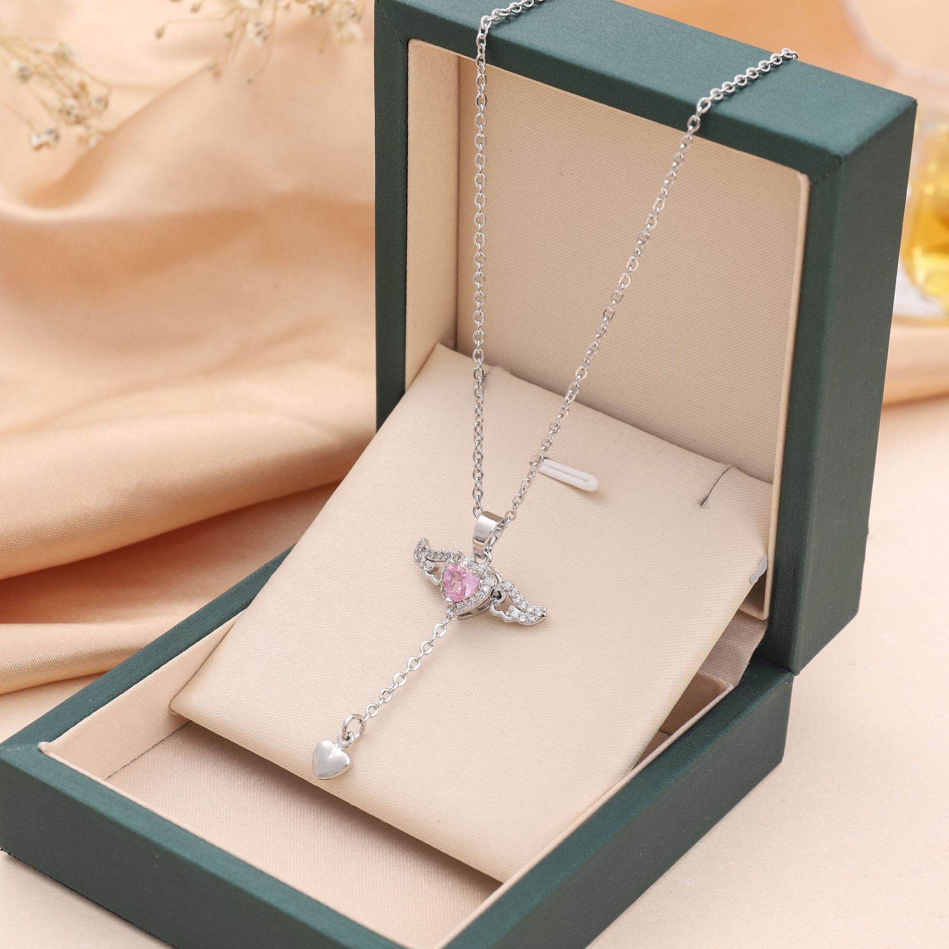 Moving Cupid Heart Angel Wings Tassel Necklace With Crystal Clavicle Chain Women Jewelry Gift Valentine's Day - Velora