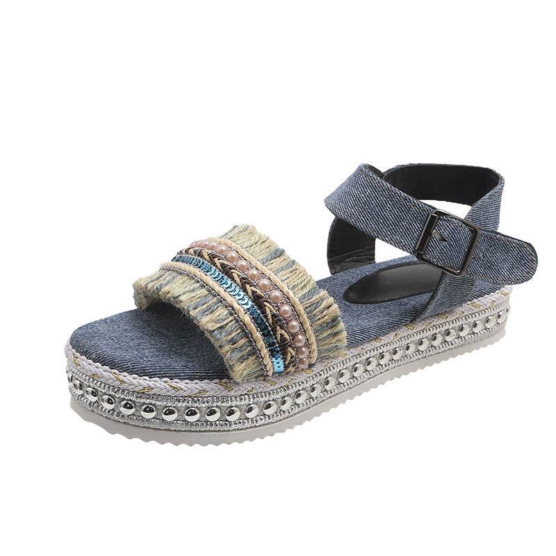 Fashion Tassel Denim Sandals With Thick-soled Flat Heel New Summer Hemp Rope Sole Ethnic Style Shoes For Women - Velora