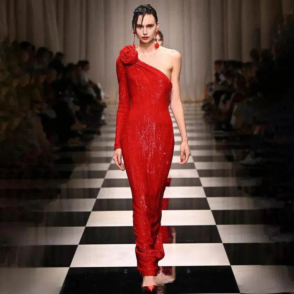 Elegant High-end Dress Rose Red Sequined Evening Dress Female New Year Battle Gown Host - Velora