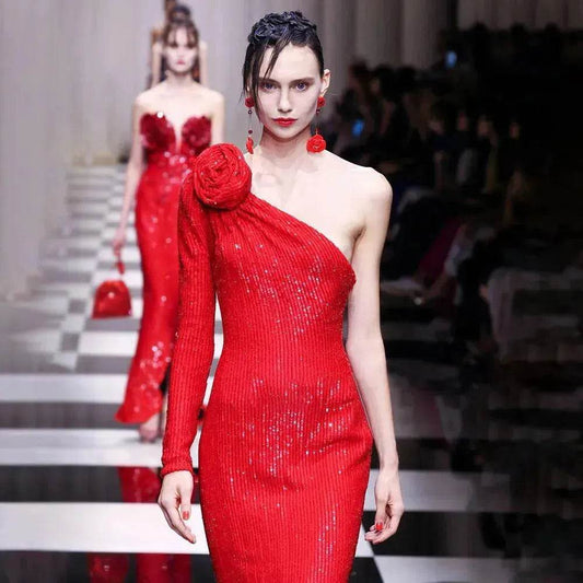 Elegant High-end Dress Rose Red Sequined Evening Dress Female New Year Battle Gown Host - Velora