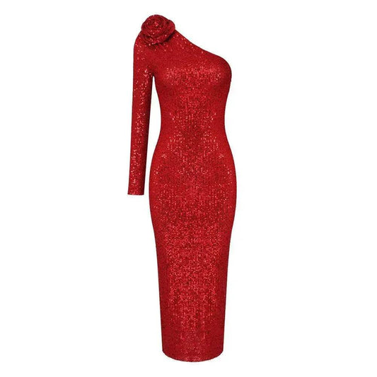 Elegant High-end Dress Rose Red Sequined Evening Dress Female New Year Battle Gown Host - Velora