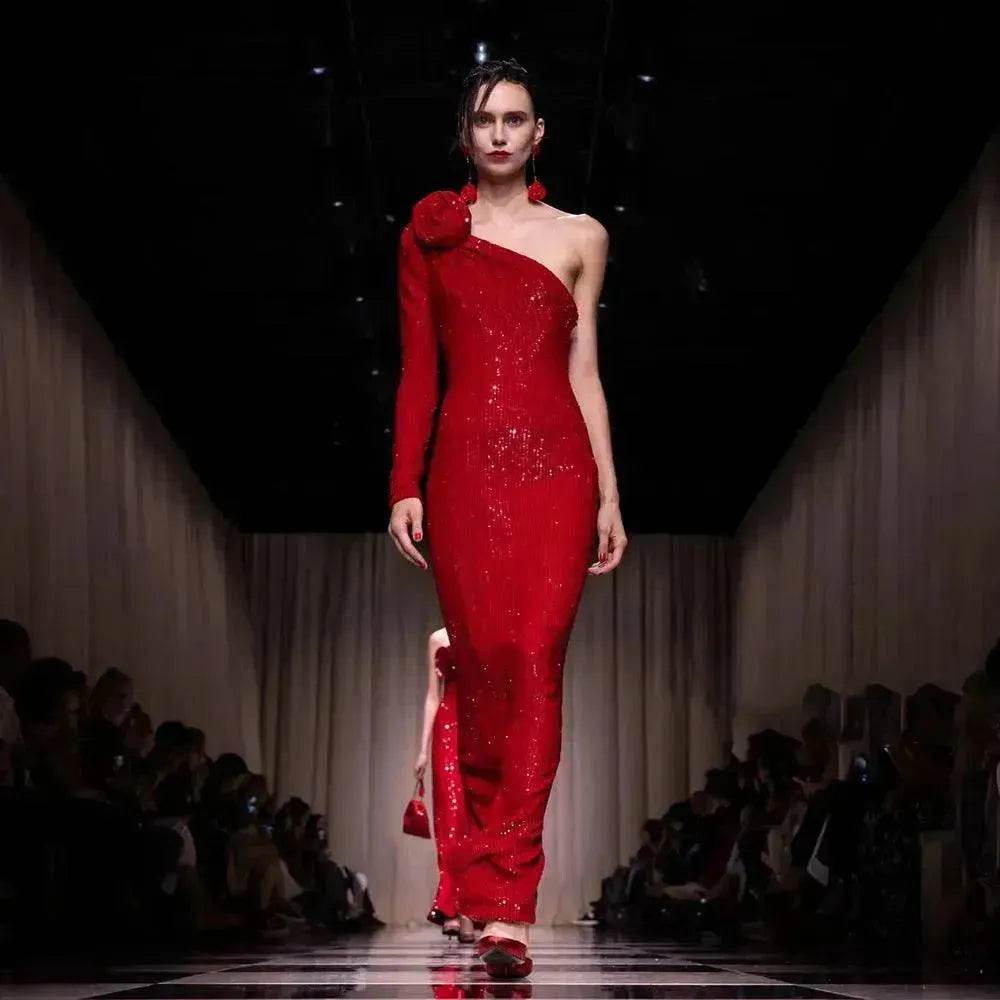 Elegant High-end Dress Rose Red Sequined Evening Dress Female New Year Battle Gown Host - Velora