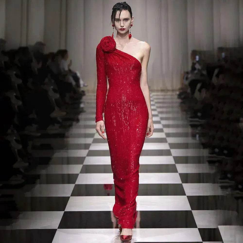 Elegant High-end Dress Rose Red Sequined Evening Dress Female New Year Battle Gown Host - Velora