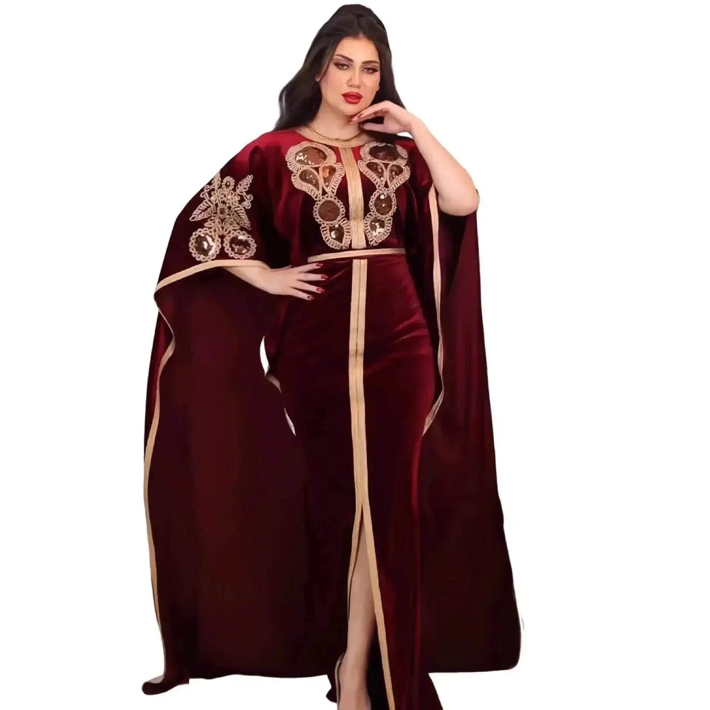 Embroidered Turkish Sequined Gold Velvet Dubai Middle East Women Dress - Velora