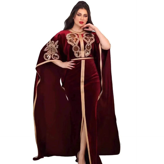 Embroidered Turkish Sequined Gold Velvet Dubai Middle East Women Dress - Velora