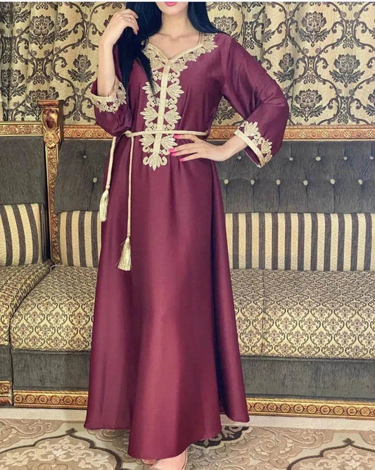 Embroidery Bronzing Lace Jalabiya Abaya Dress for Arab Dubai Turkey Middle Eastern Women - Velora