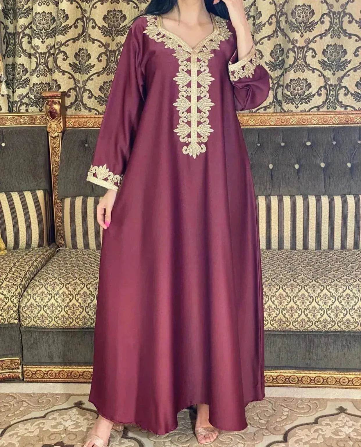 Embroidery Bronzing Lace Jalabiya Abaya Dress for Arab Dubai Turkey Middle Eastern Women - Velora