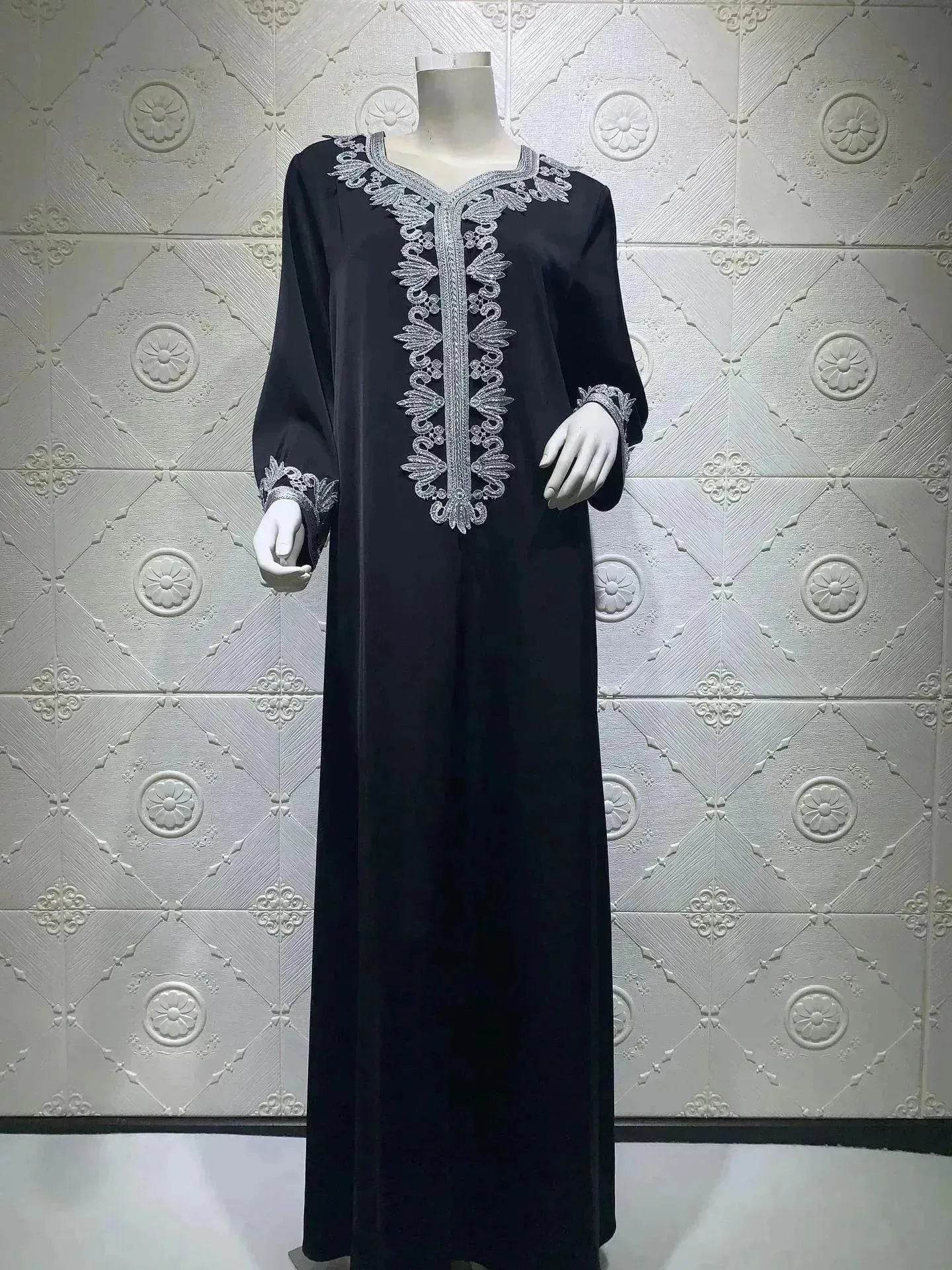Embroidery Bronzing Lace Jalabiya Abaya Dress for Arab Dubai Turkey Middle Eastern Women - Velora