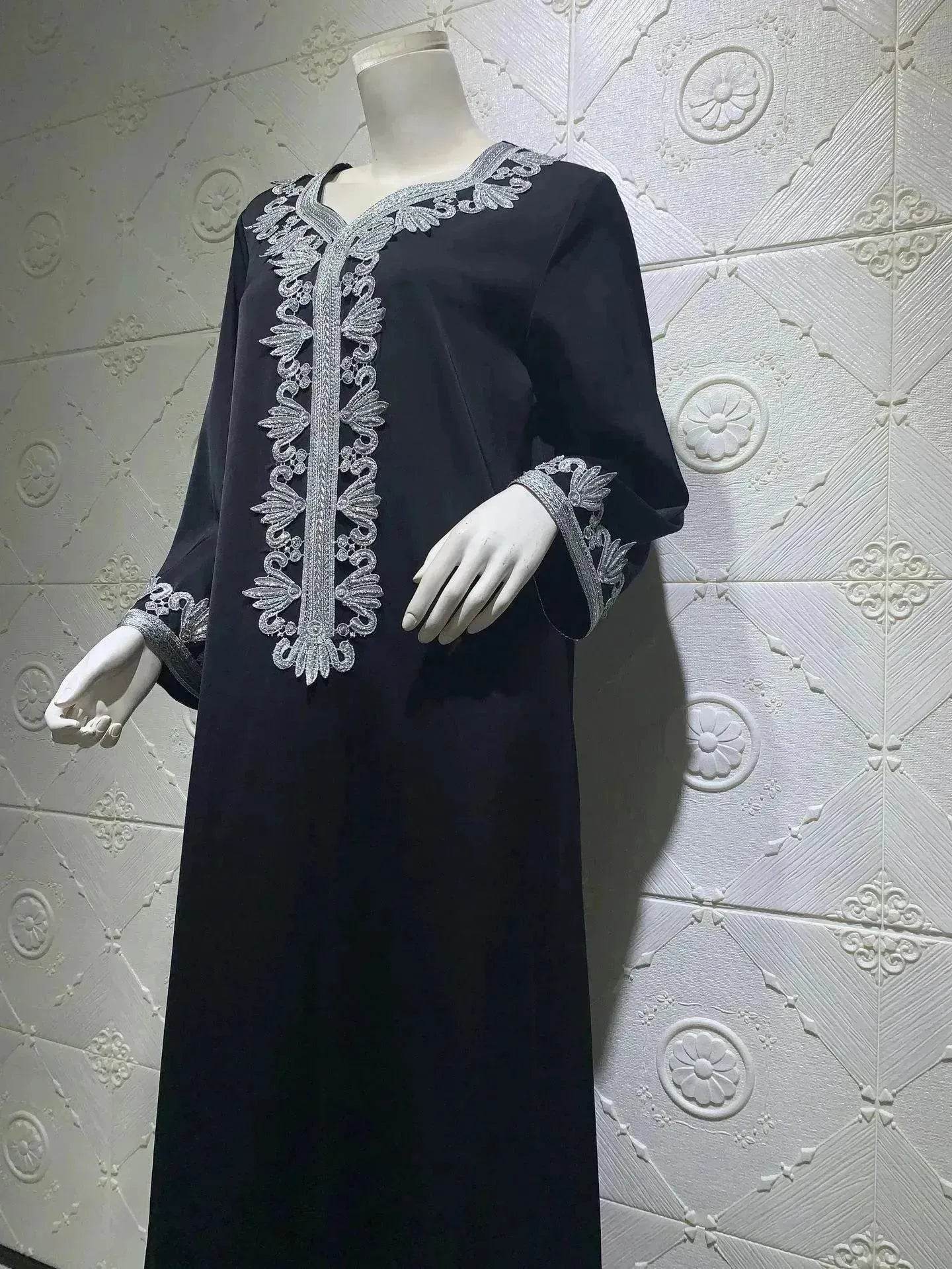 Embroidery Bronzing Lace Jalabiya Abaya Dress for Arab Dubai Turkey Middle Eastern Women - Velora