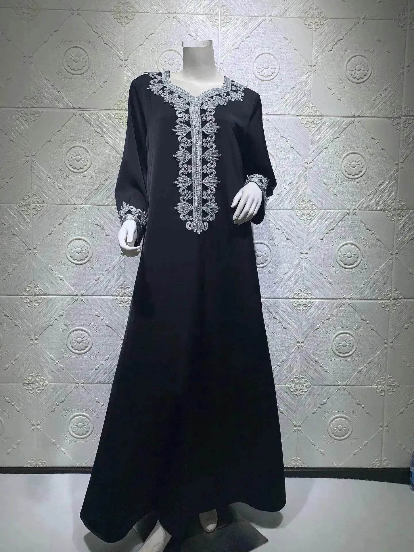 Embroidery Bronzing Lace Jalabiya Abaya Dress for Arab Dubai Turkey Middle Eastern Women - Velora