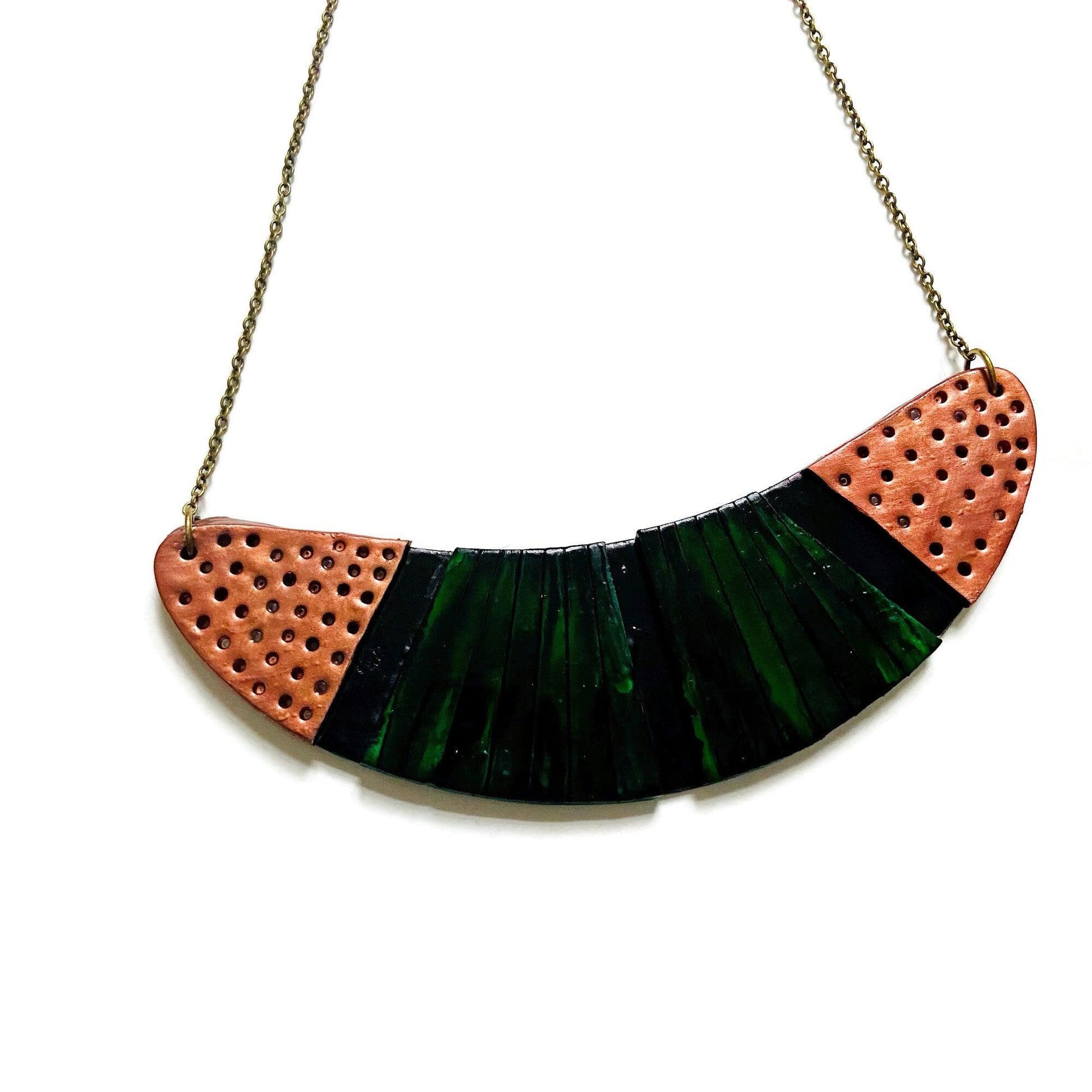 Emerald Green Statement Necklace with Black & Copper Accents - Velora Luxury Fashion