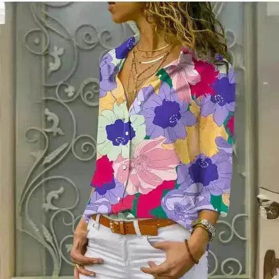 European And American Digital Printed Flowers Lapel Single Breasted Long-sleeved Shirt - Velora
