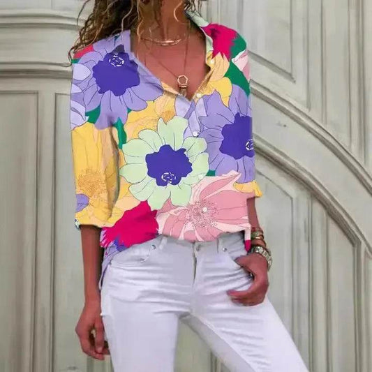 European And American Digital Printed Flowers Lapel Single Breasted Long-sleeved Shirt - Velora