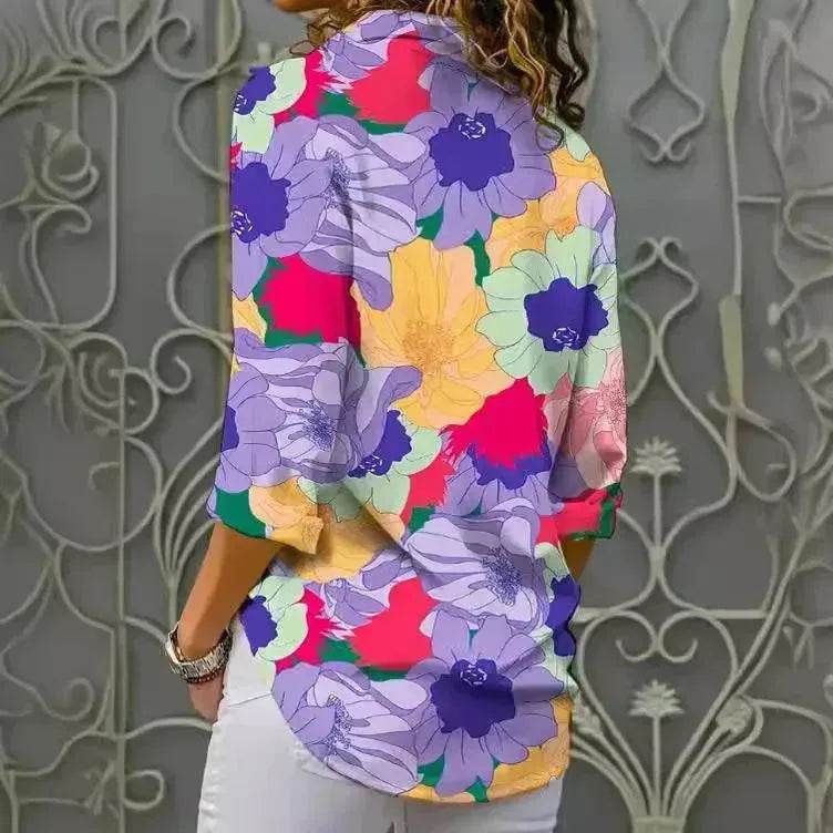 European And American Digital Printed Flowers Lapel Single Breasted Long-sleeved Shirt - Velora
