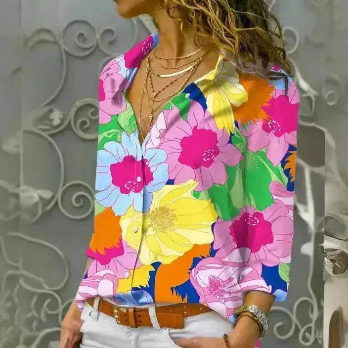 European And American Digital Printed Flowers Lapel Single Breasted Long-sleeved Shirt - Velora