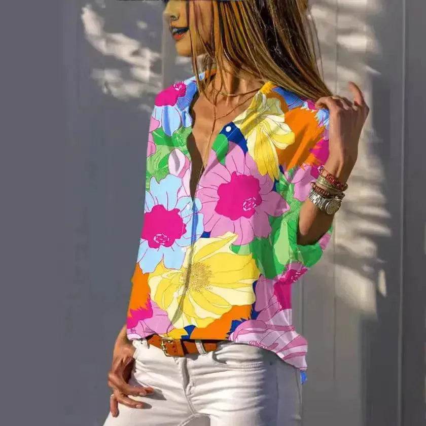 European And American Digital Printed Flowers Lapel Single Breasted Long-sleeved Shirt - Velora