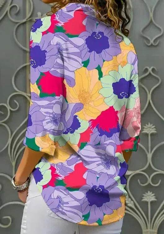 European And American Digital Printed Flowers Lapel Single Breasted Long-sleeved Shirt - Velora