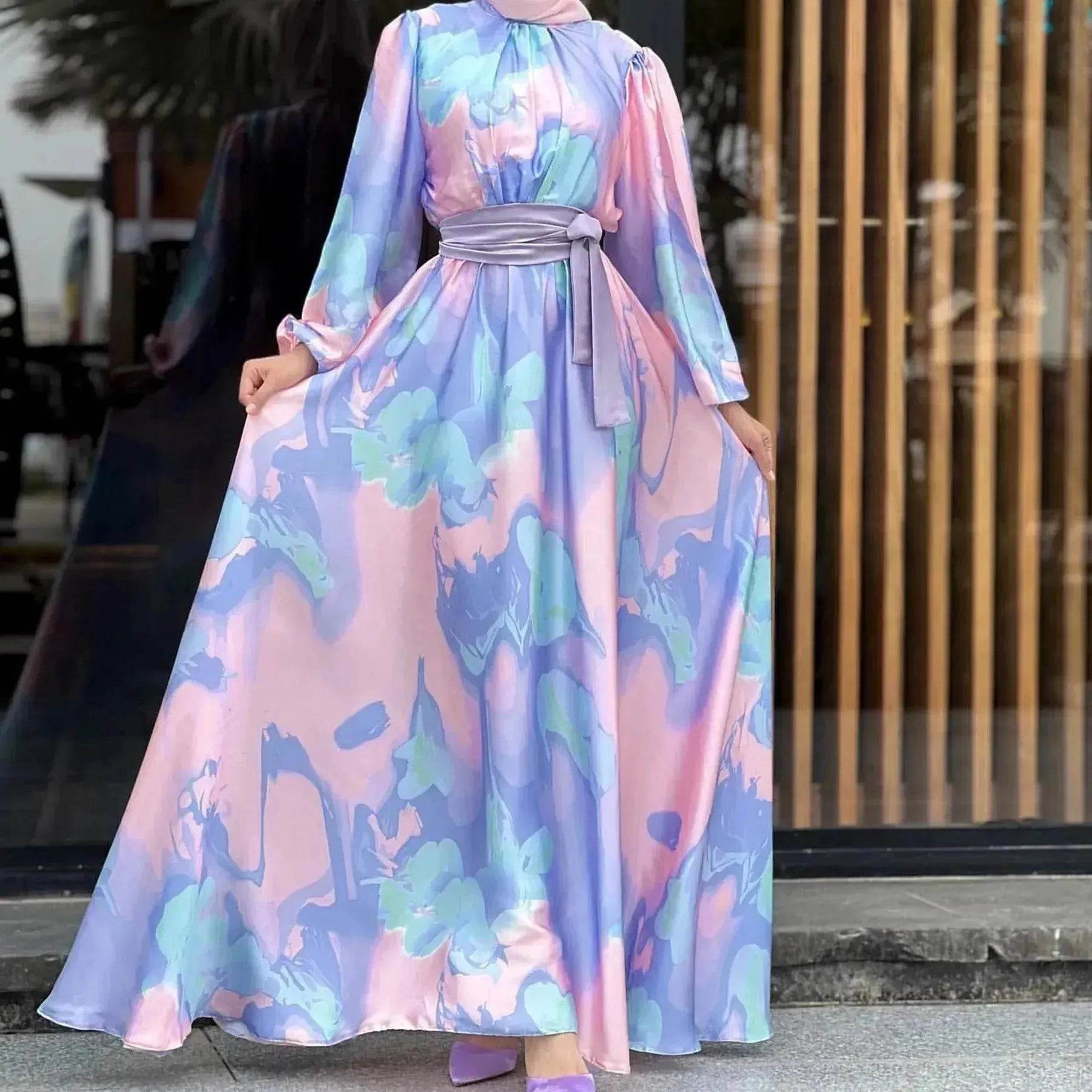 European And American Dubai Middle East Pure Beautiful Printed Dress, Ankle-length Printed Maxi Dress Fashionable Abaya Dress - Velora