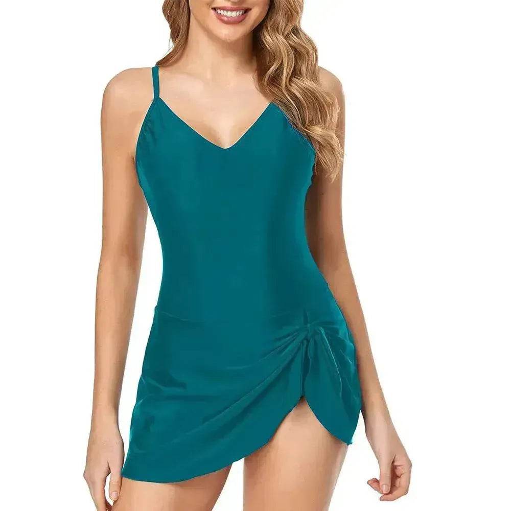 European And American Fashion Pure Color Slimming Flab Hiding Push Up Dress Women's Summer Swimsuit - Velora