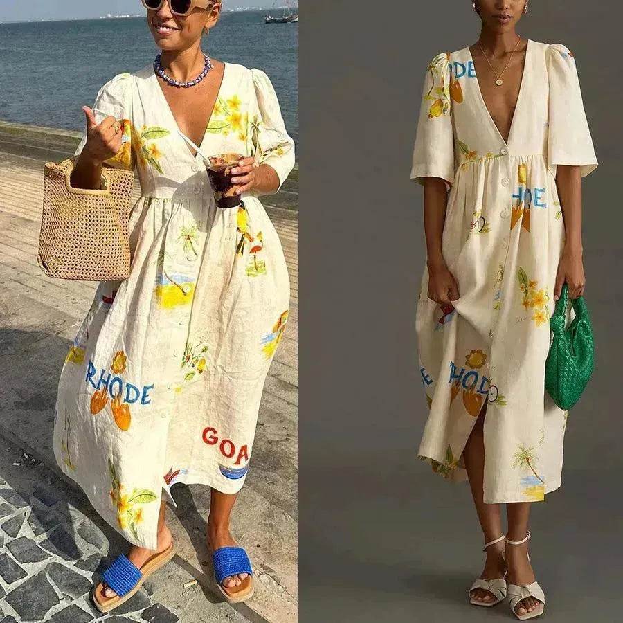 European And American Spring And Summer Casual Puff Sleeve Dress Loose Vacation Midi Dress - Velora