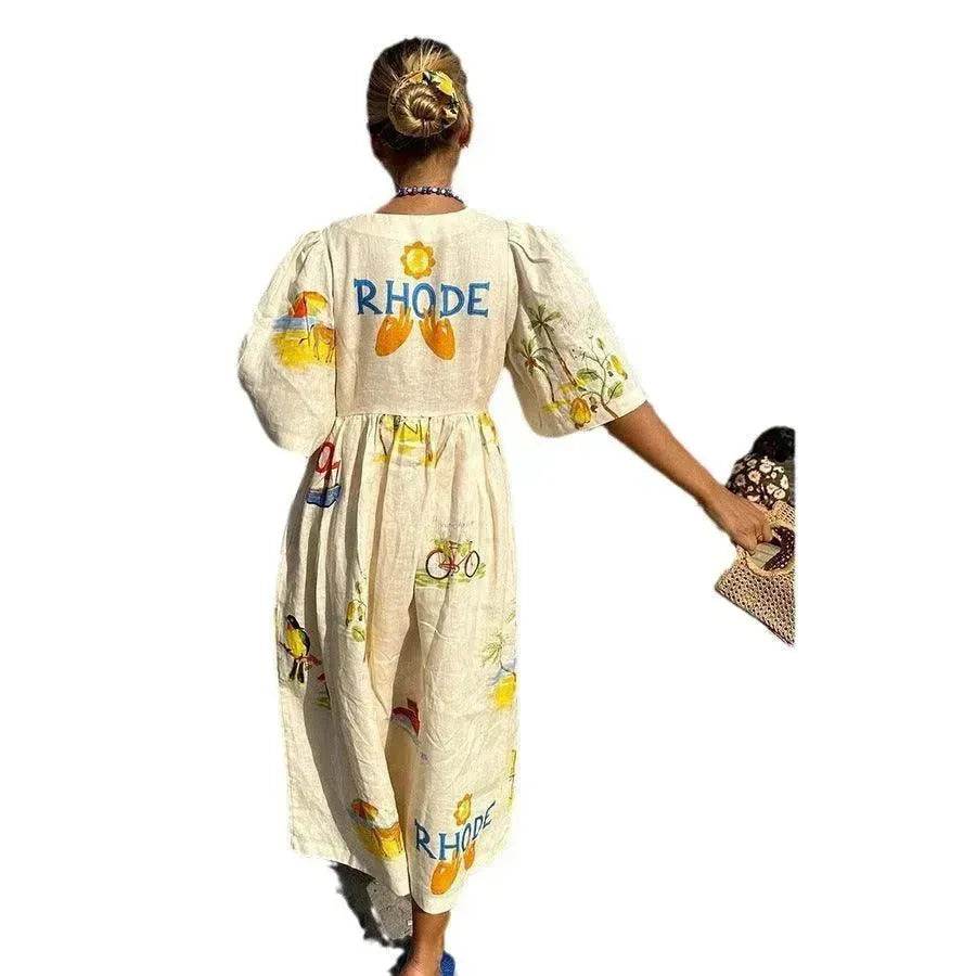 European And American Spring And Summer Casual Puff Sleeve Dress Loose Vacation Midi Dress - Velora