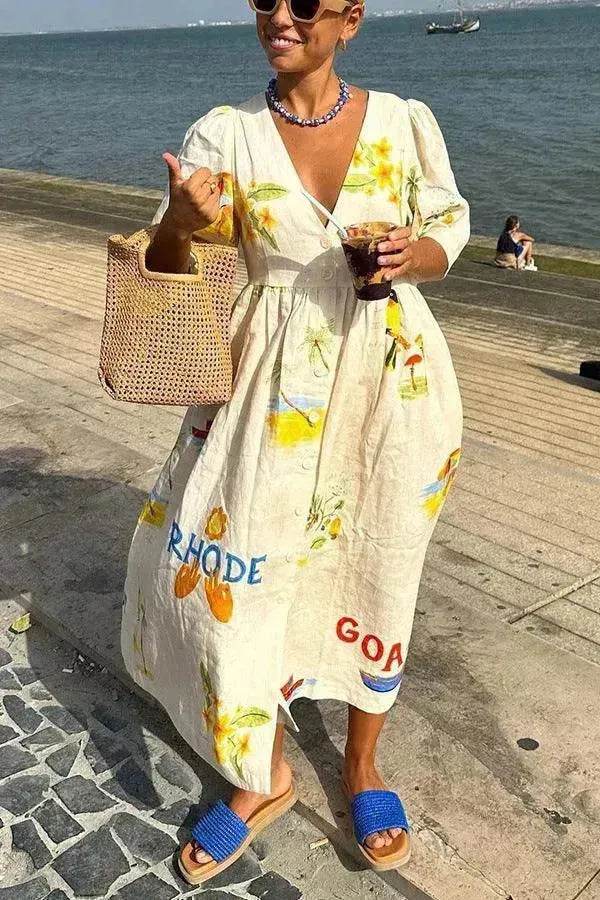 European And American Spring And Summer Casual Puff Sleeve Dress Loose Vacation Midi Dress - Velora