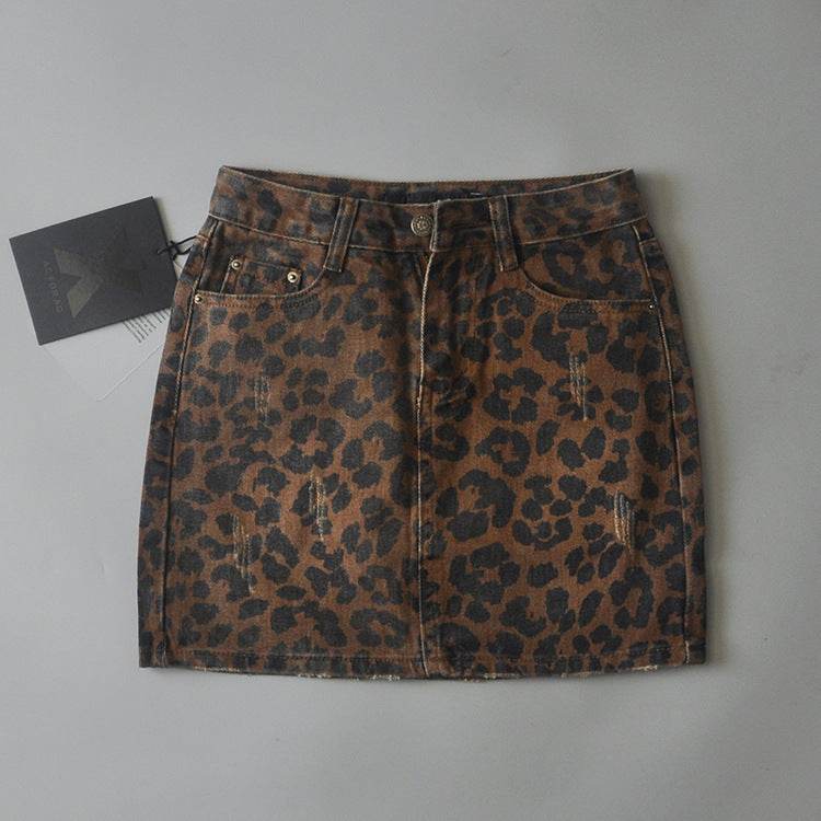 Leopard Print Mini Denim Skirt Women's High Waist Pencil Skirt - Velora
