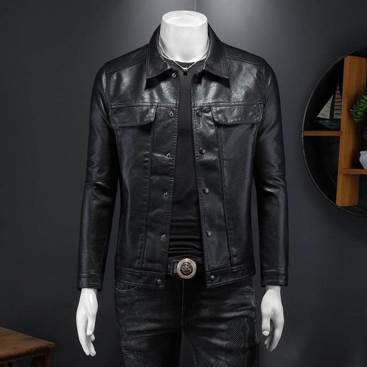 Men's Long-sleeved Lapel Motorcycle Pu Handsome Leather Coat - Velora