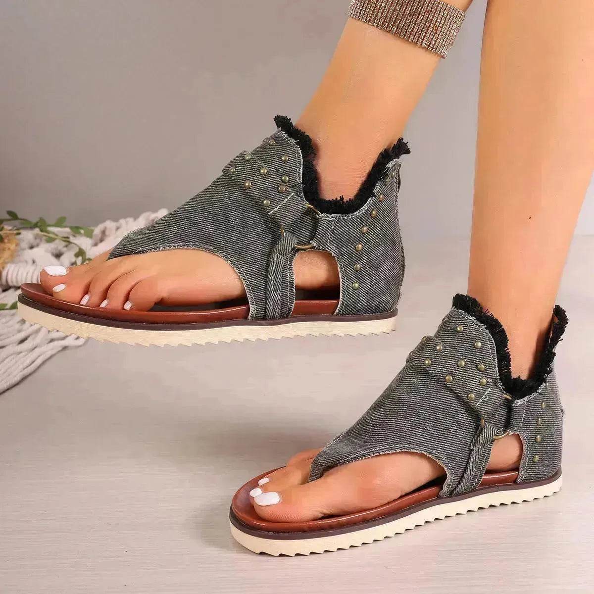 Denim Thong Sandals With Rear Zipper Summer Retro Beach Flat Sandals - Velora