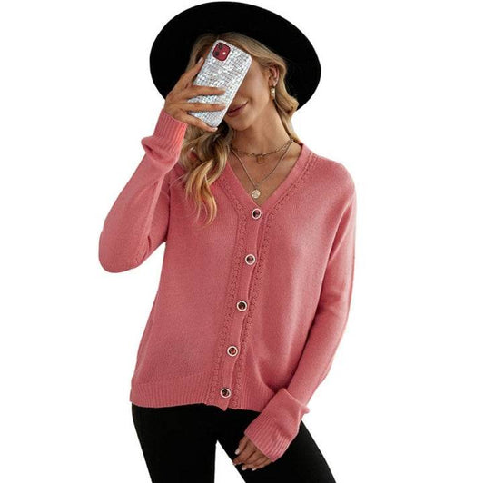 Pure Color Casual Single-breasted V-neck Pullover Sweater - Velora