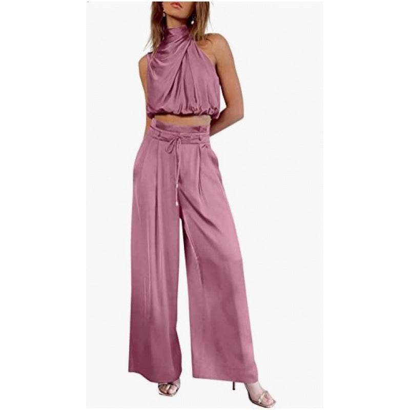 Summer Suits Casual Sleeveless Midriff-baring Top And Wide Leg Pants 2pcs Set Womens Clothing - Velora