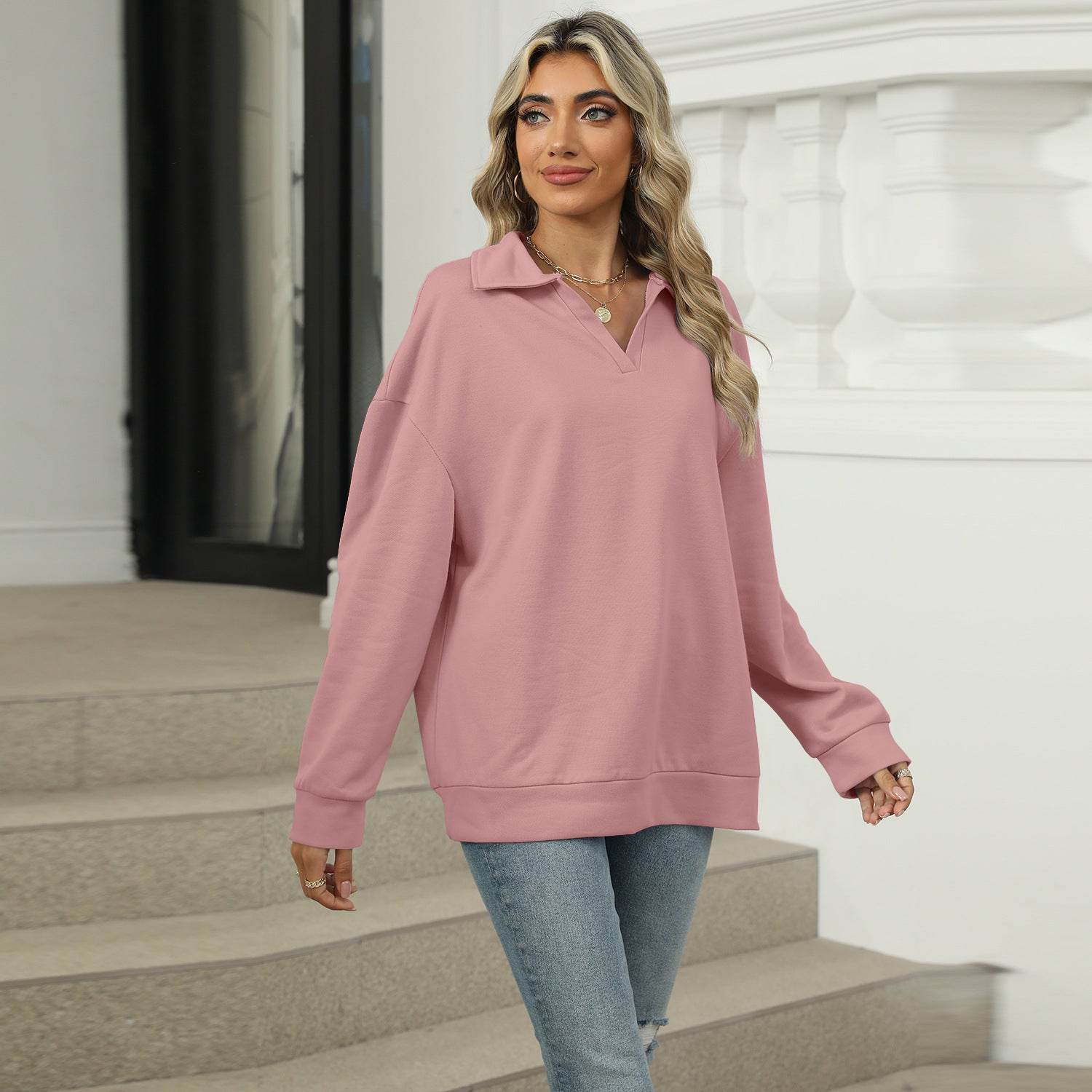 New Lapel V-neck Sweatshirt Fashion Casual Loose Solid Color Long-sleeved Pullover Top For Womens Clothing - Velora