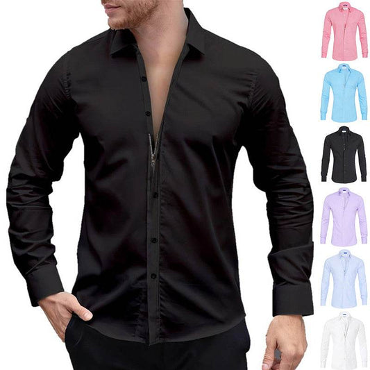 Long Sleeve Zipper Shirt With Button Design Fashion Lapel Tops For Mens Clothing - Velora