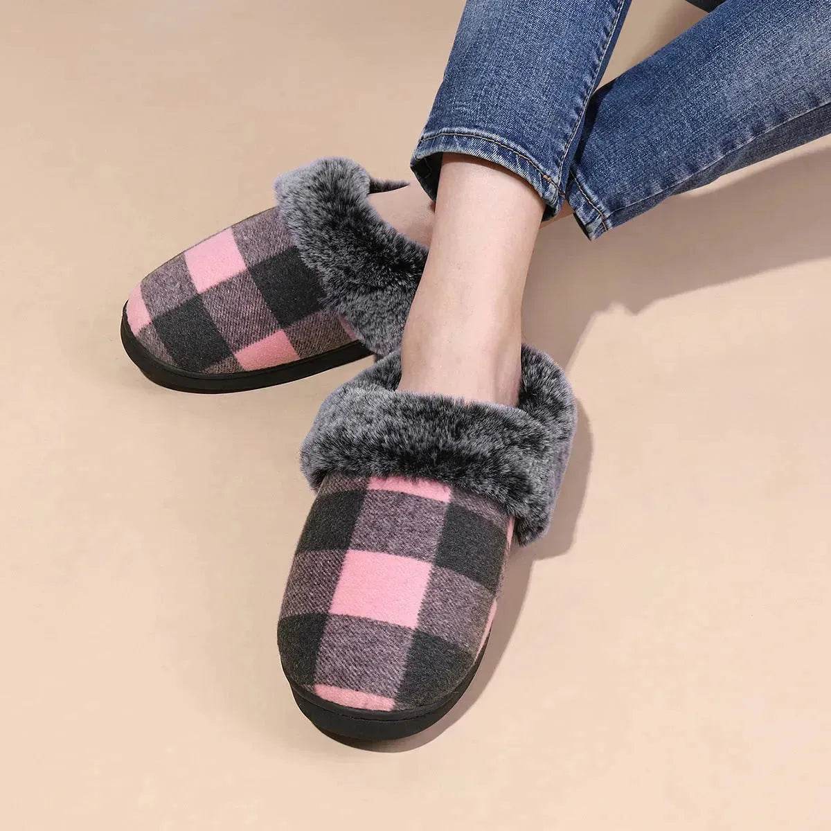 Winter Warm Plaid Plush Slippers Home Indoor Non-slip Bedroom Floor Soft Fuzzy Slipper For Couple Fashion Solid House Shoes - Velora