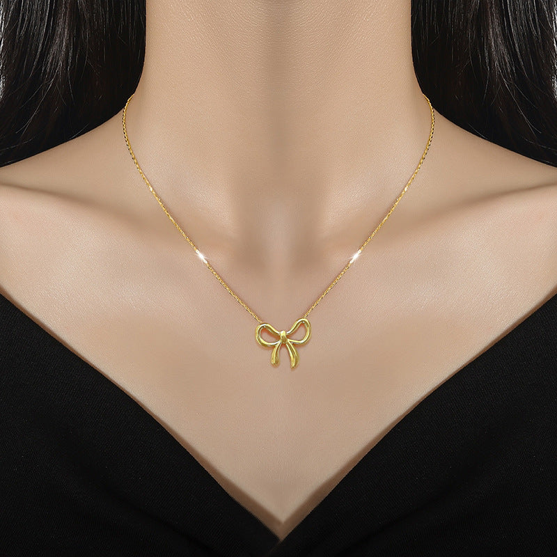 Whole Titanium Steel Mori Style Bowknot Minimalist Style Real Gold Clavicle Necklace For Women