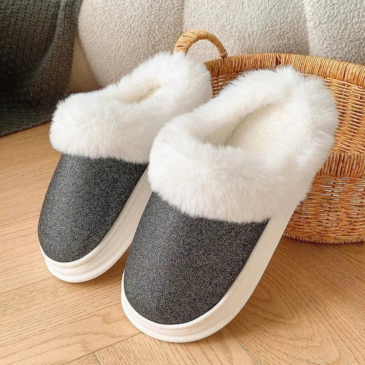 Fashion Frosted Sequined Plush Slippers Winter Warm Home Indoor Non-slip Bedroom Floor Fuzzy Slipper For Couple Women House Shoes - Velora