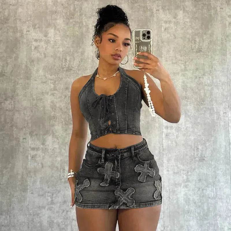 Chic Denim 2 piece Denim Skirt set Jean 2 piece set for Women Sleeveless crop top and Skirt - Velora