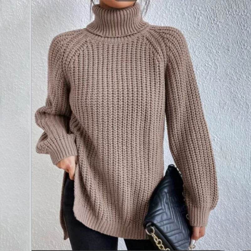 Turtleneck Pullover Sweater With Split Design Fashion Simple Solid Color Long Sleeve Tops Women's Clothing - Velora